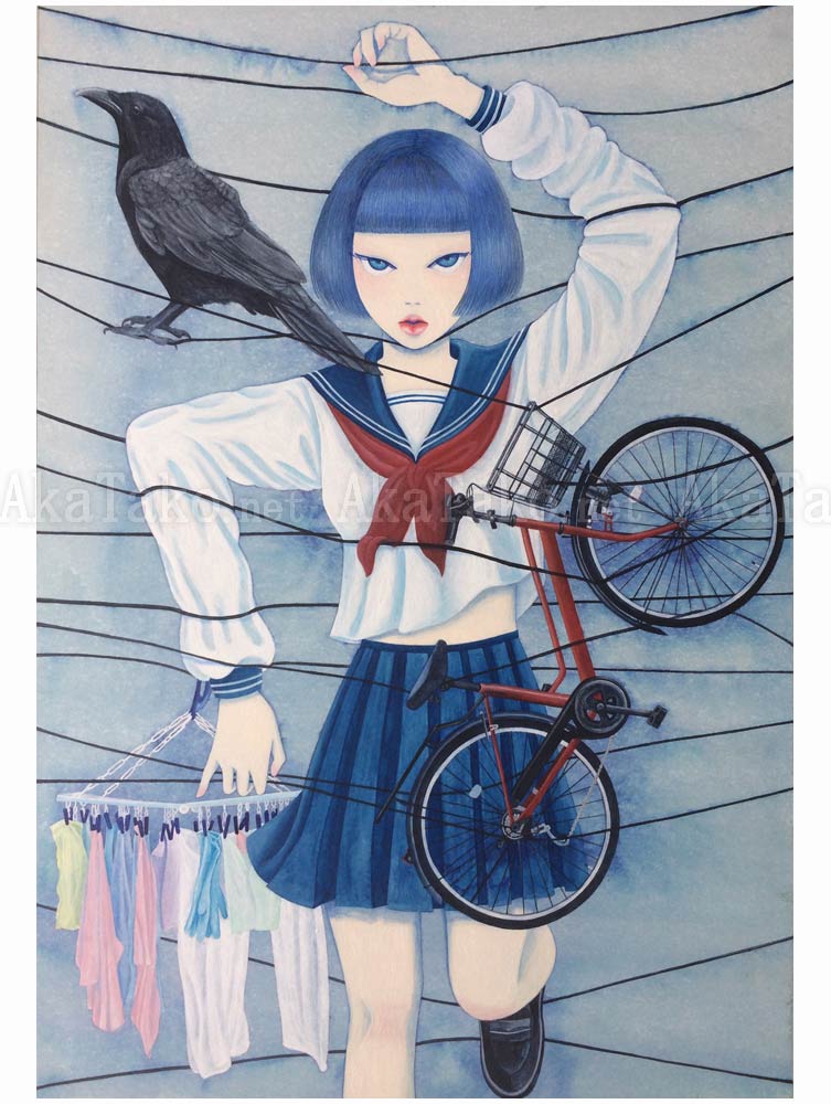 Chika Yamada Crow and Bicycle Original Painting